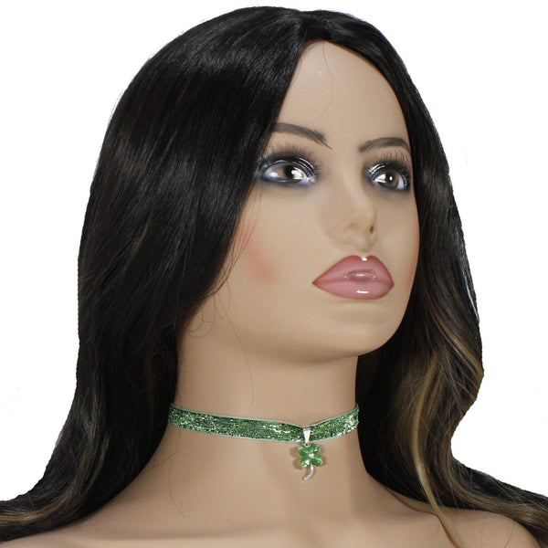 Glimmering green velvet choker necklace with lucky clover charm for woman 