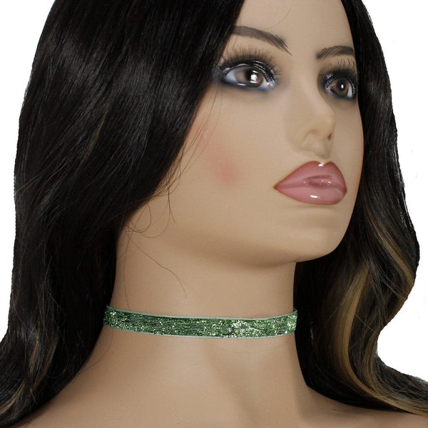 Shiny green velvet choker necklace with lucky charm