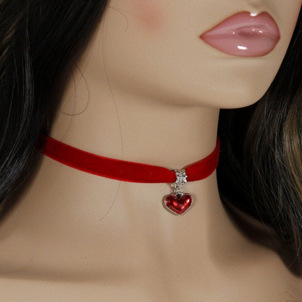 Red velvet choker with red heart pendant charm for women