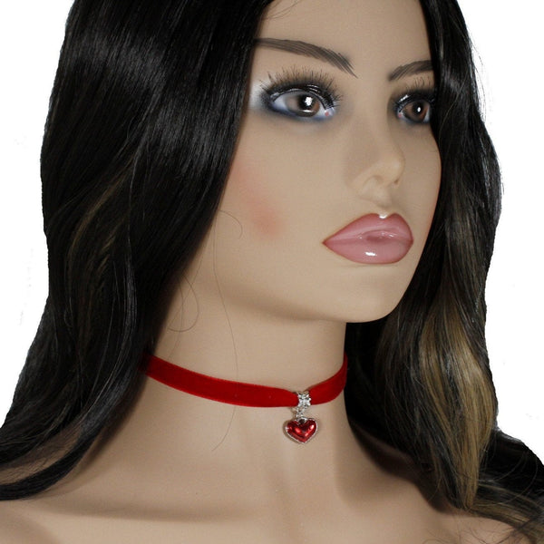 Red velvet choker with red heart charm for women