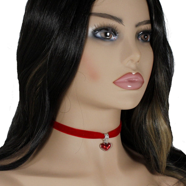 Red velvet choker with red heart pendant charm for women