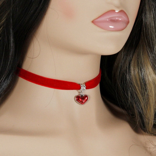 Red velvet choker with red heart pendant charm for women