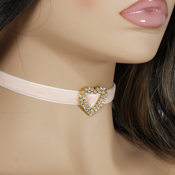 Pastel pink velvet choker necklace with rhinestone heart