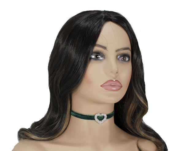 Emerald green velvet choker with rhinestone gold/silver heart pendant charm for woman