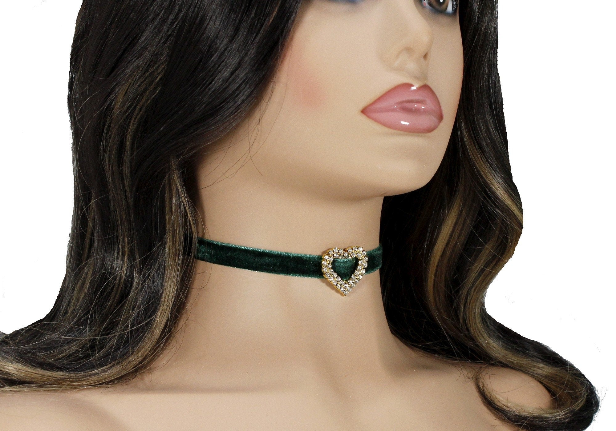 Emerald green velvet choker with rhinestone gold/silver heart pendant charm for woman