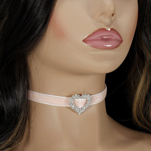 Pastel pink velvet choker necklace with rhinestone heart