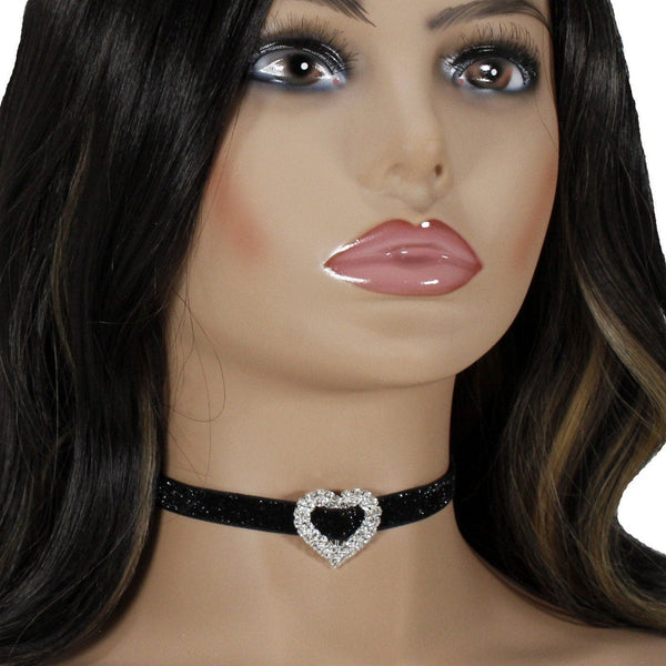 Shimmering black velvet choker necklace  with rhinestone silver heart charm for woman