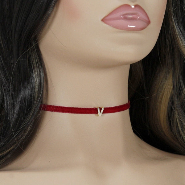 Petite red choker necklace with initial charm