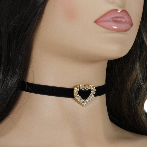 black choker necklace with gold rhinestone charm