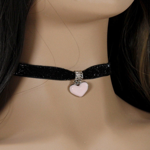 Shiny black velvet choker with pastel pink heart pendant charm for woman