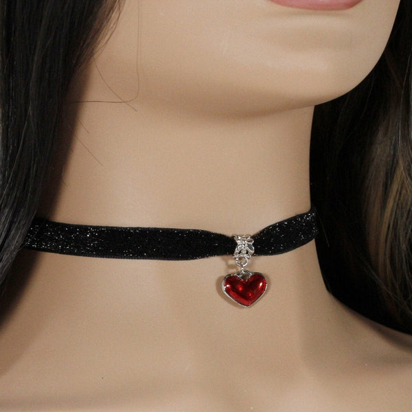 Sheeny black velvet choker with red heart pendant charm for woman