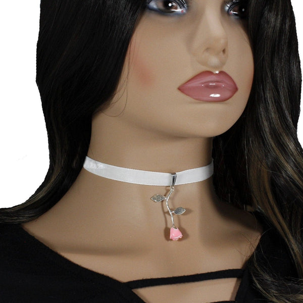 White choker with silver plated rose pendant charm