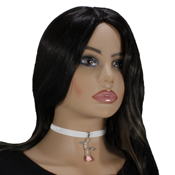 White choker with silver plated rose pendant charm