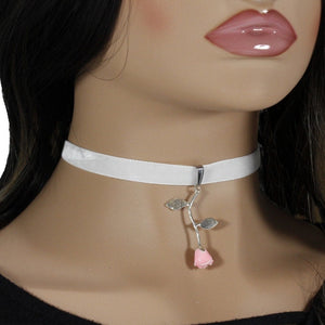 White choker with silver plated rose pendant charm