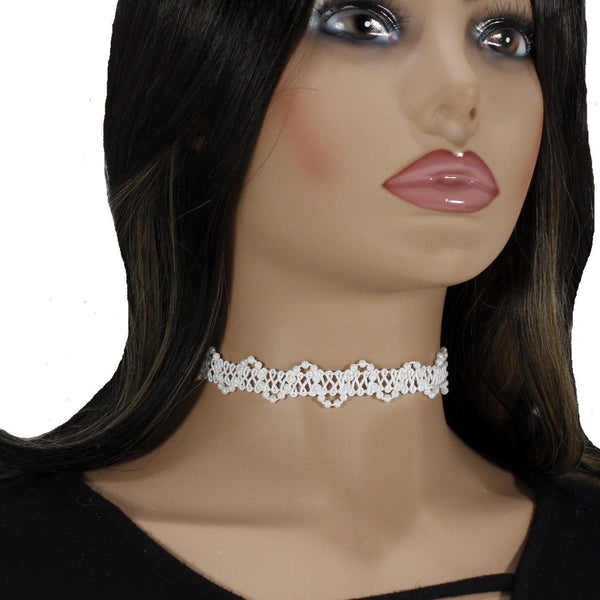 White lace choker necklace with petite faux pearl beads 