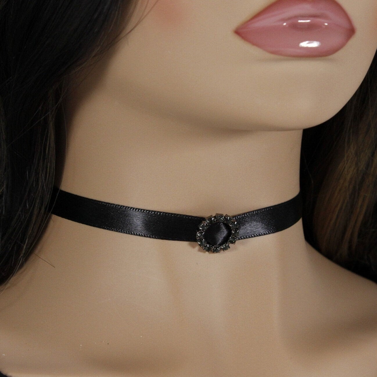 black satin with rhinestone circle choker necklace for women