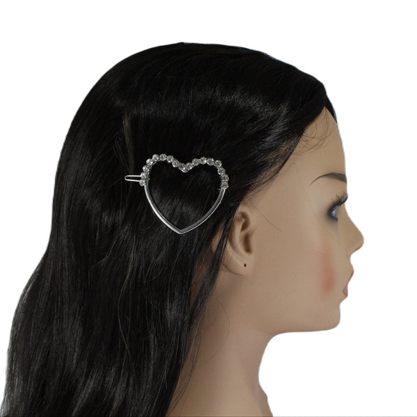 Silver rhinestone heart hair clip for women