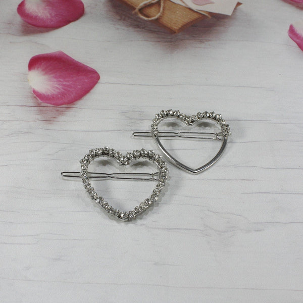 Silver rhinestone heart hair clip for women