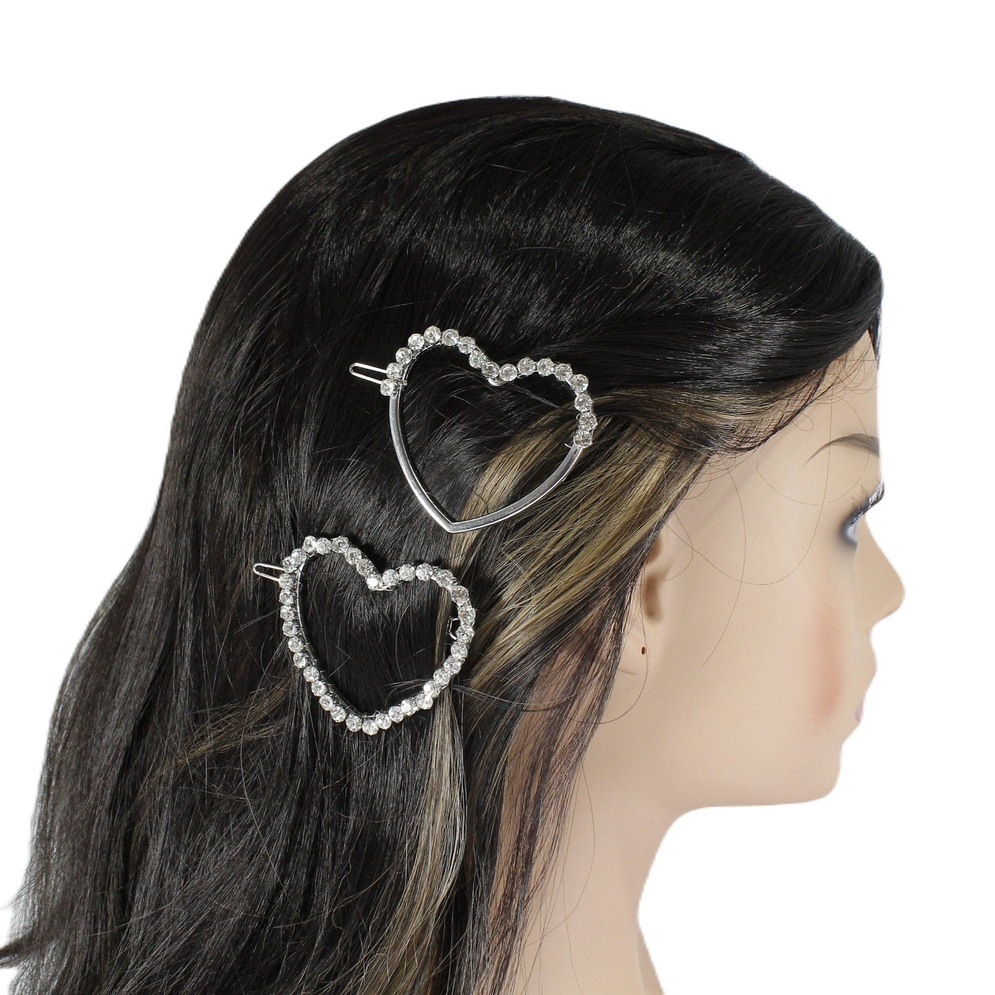 Silver rhinestone heart hair clip for women